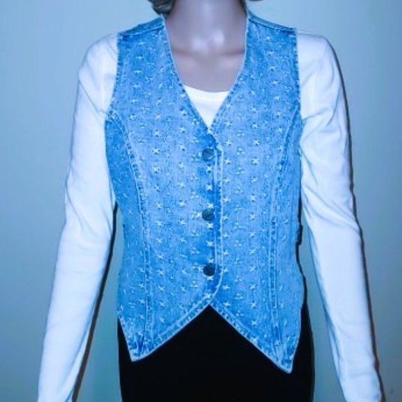 VITAGE BREAKER EMBROIDERED WHITE FLORAL LIGHT DENIM VEST SIZE SMALL - Picture 2 of 9